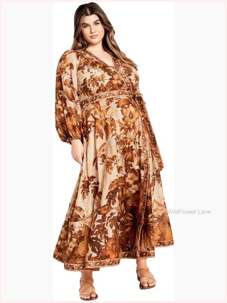 Plus Size Cotton Maxi Dress With Wrap Waist & Long Sleeves